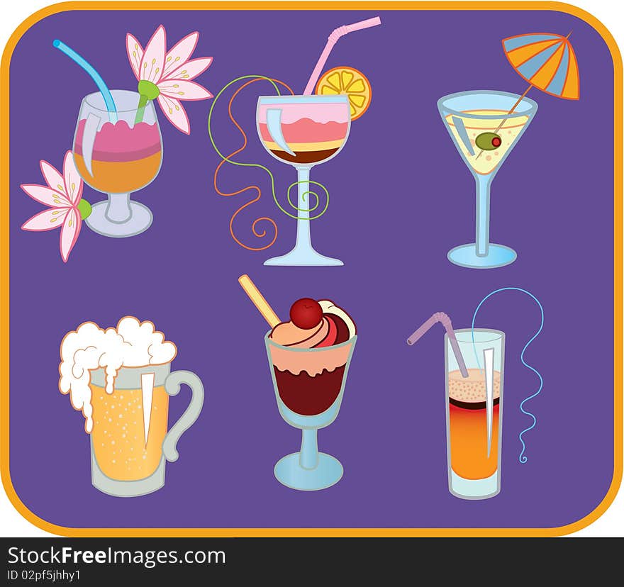 Icon set of four cocktail, latte  and beer on purple background. Icon set of four cocktail, latte  and beer on purple background