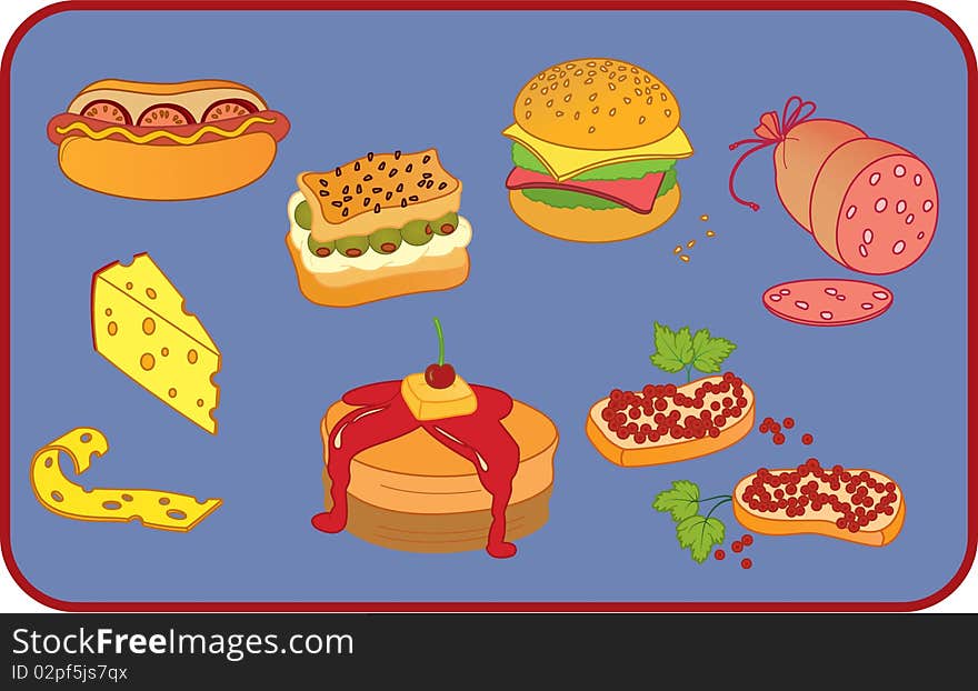 Icon set of ten snack items on blue background. Icon set of ten snack items on blue background