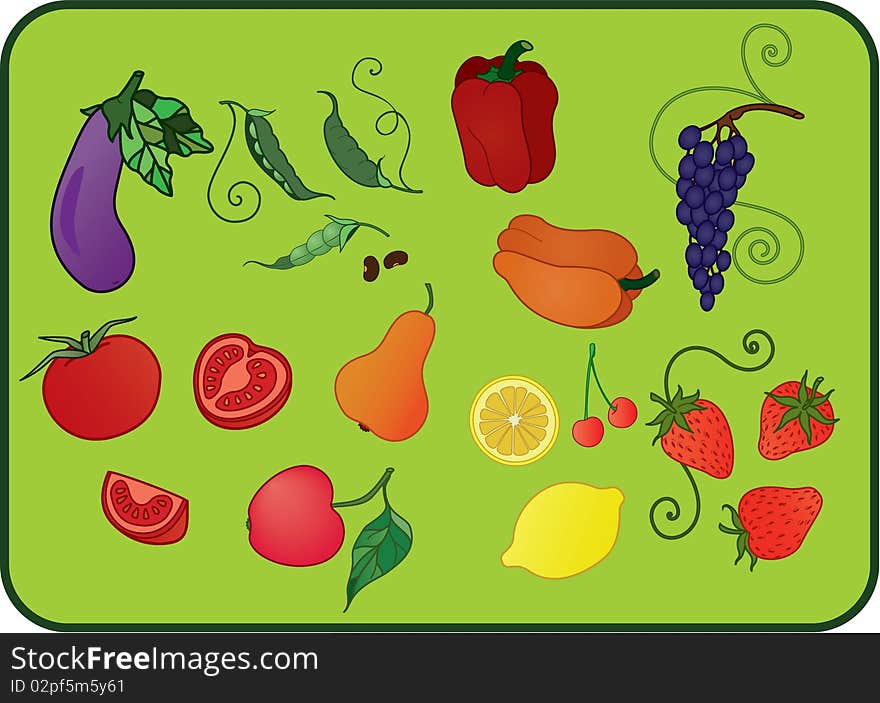 Icon set of fresh fruits and vegetable in green background. Icon set of fresh fruits and vegetable in green background