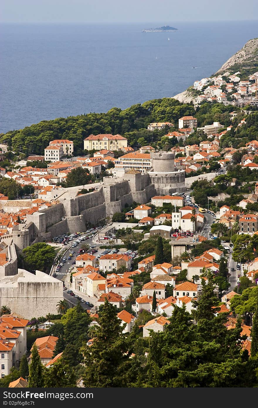 View of Dubrovnik old town and fortress from mountain road, Croatia