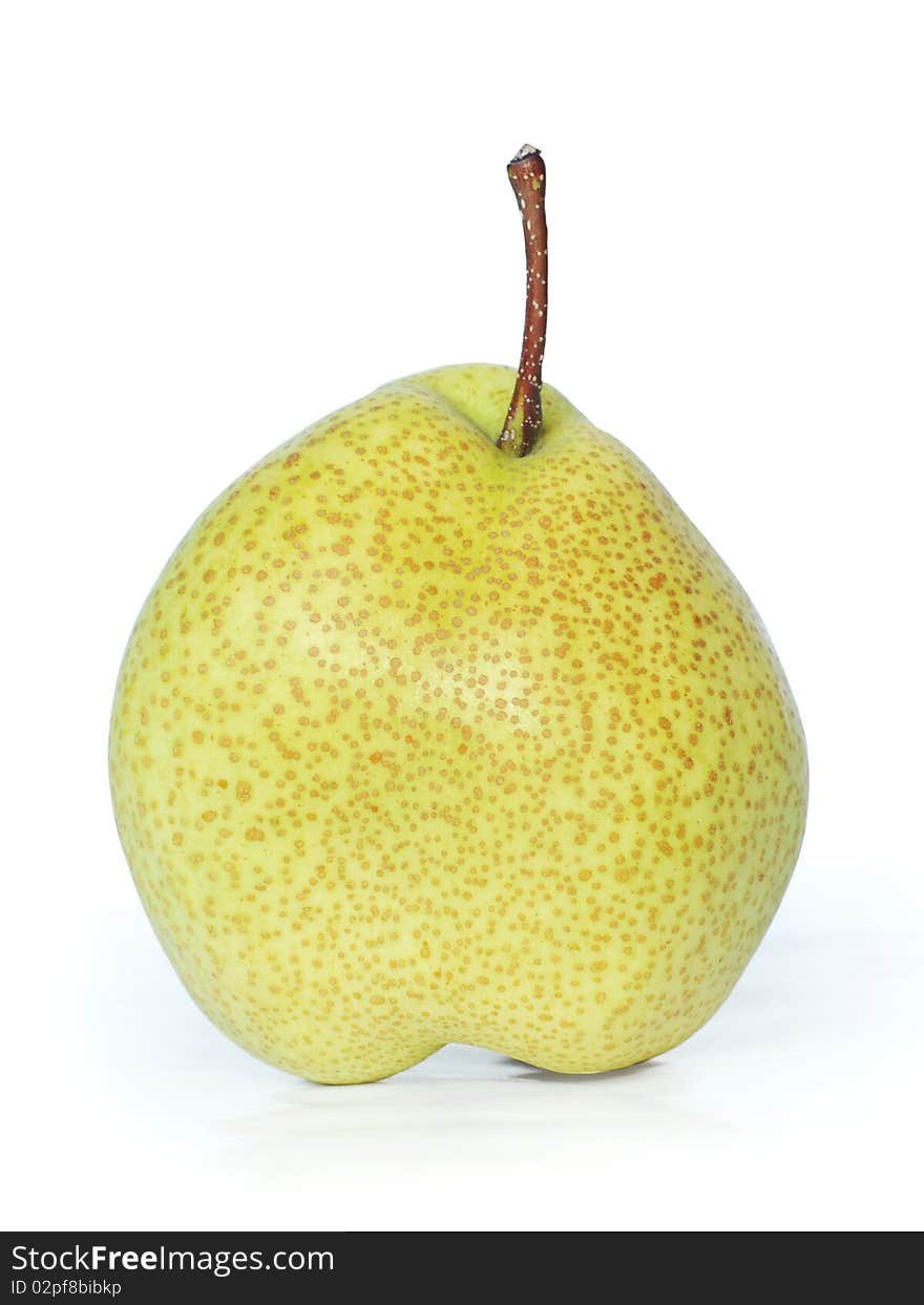 Single yellow pear on white background