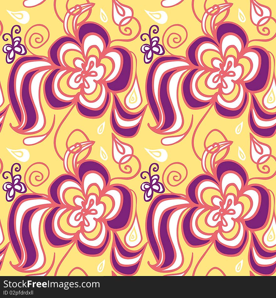 Abstract Flower seamless background doodle with butterfly