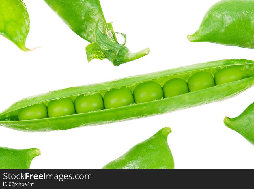 Fresh green pea pod isolated on white background