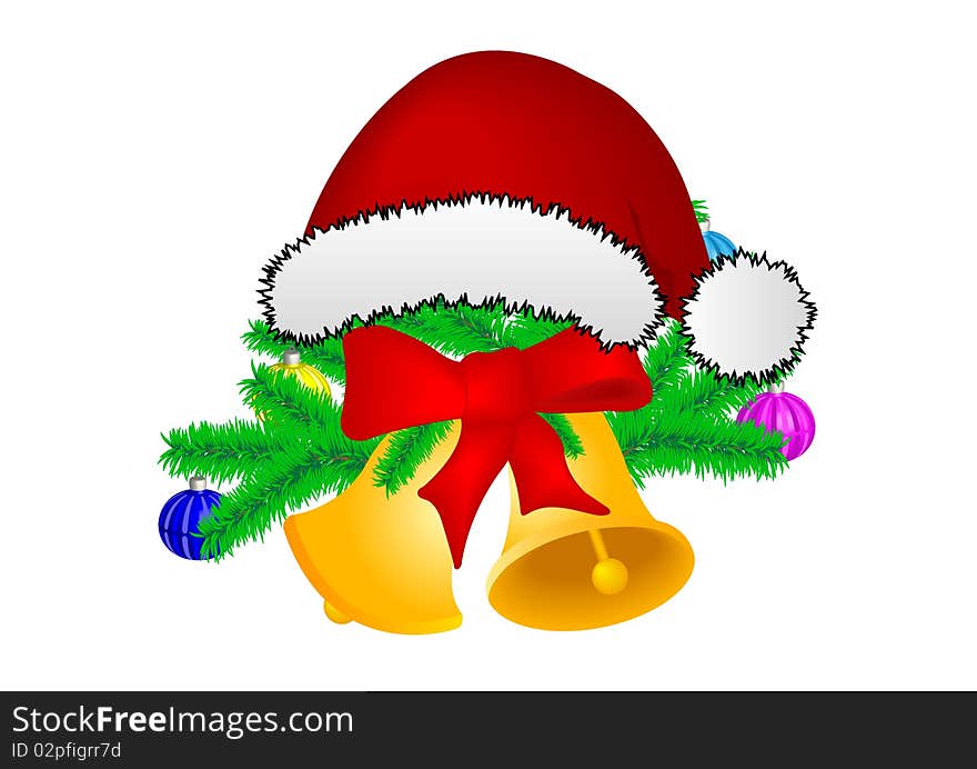 Two Christmas hand bells with spheres with a red tape on green fur-tree to a branch it is isolated on a white background