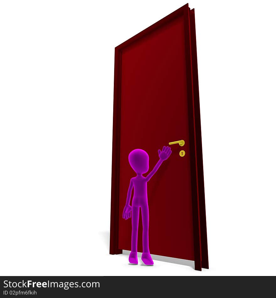 Symbolic 3d child toon character opens the door. 3D rendering with clipping path and shadow over white