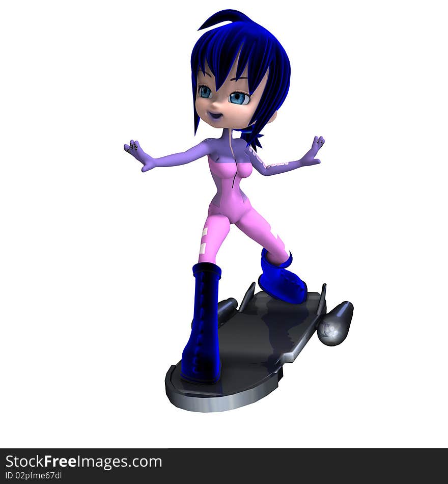 Cute cartoon astronaut with blue hair and boots. 3D rendering with clipping path and shadow over white