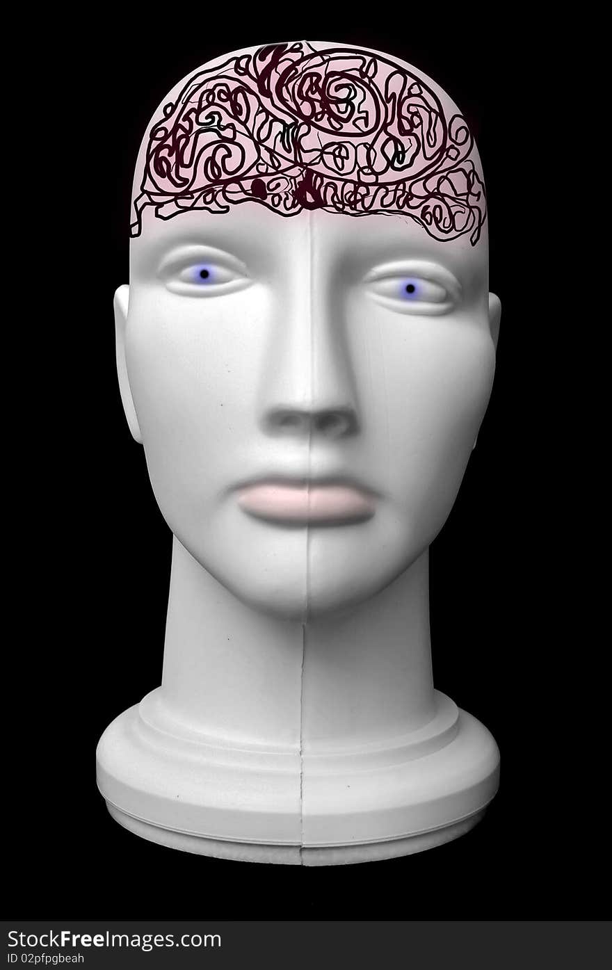 Front view of a mannequin dummy head isolated on a black background. Front view of a mannequin dummy head isolated on a black background.