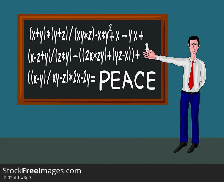 Man in a classroom with blackboard and peace formula. Man in a classroom with blackboard and peace formula