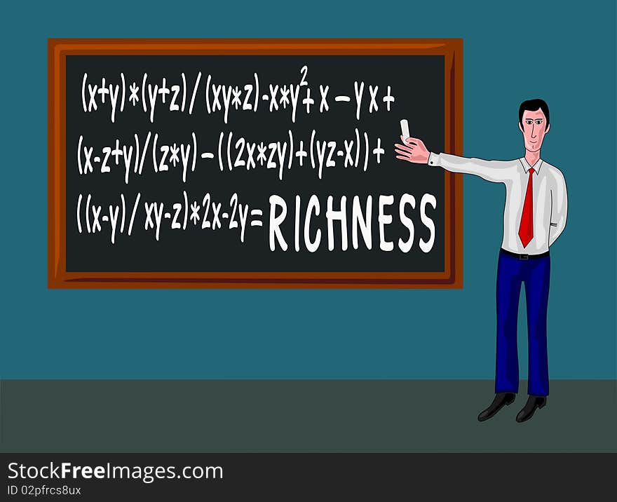 Man in a classroom with blackboard and richness formula. Man in a classroom with blackboard and richness formula