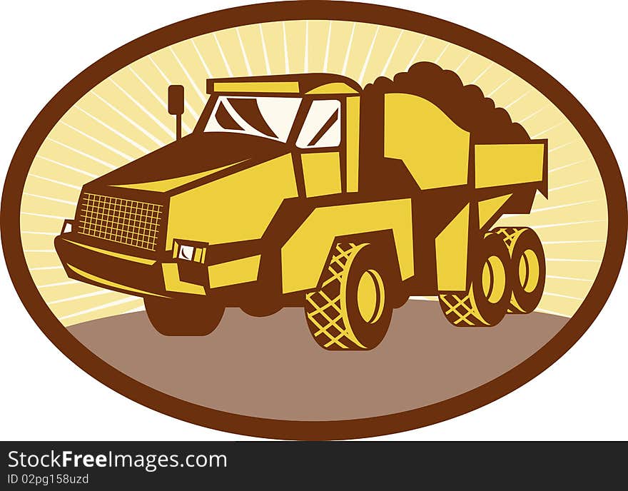 Illustration of a mining Tipper dumper dump truck or lorry set inside an oval done in retro woodcut style. Illustration of a mining Tipper dumper dump truck or lorry set inside an oval done in retro woodcut style.