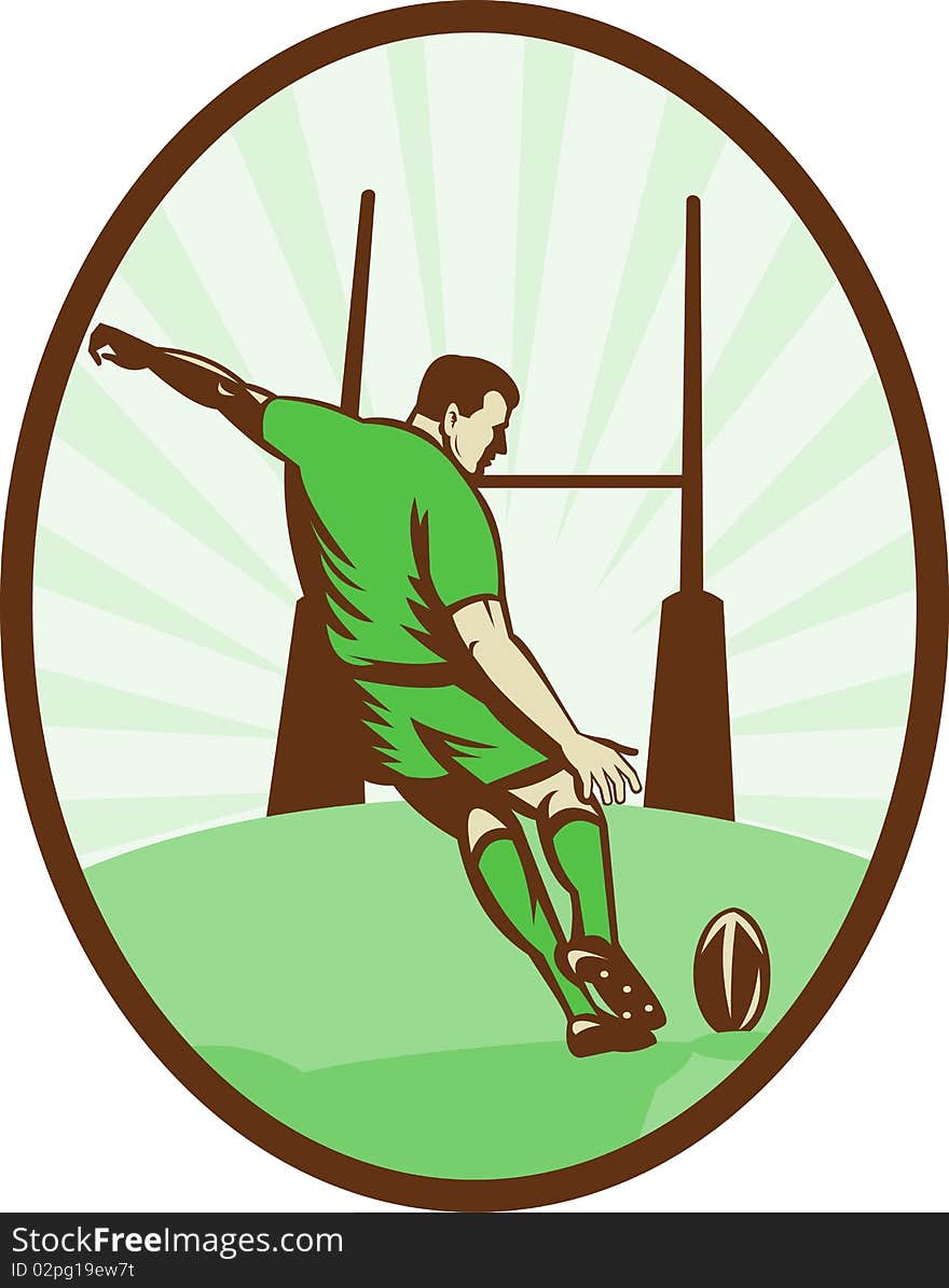 Illustration of a Rugby player kicking ball at goal post viewed from the rear set inside an ellipse done in retro style.