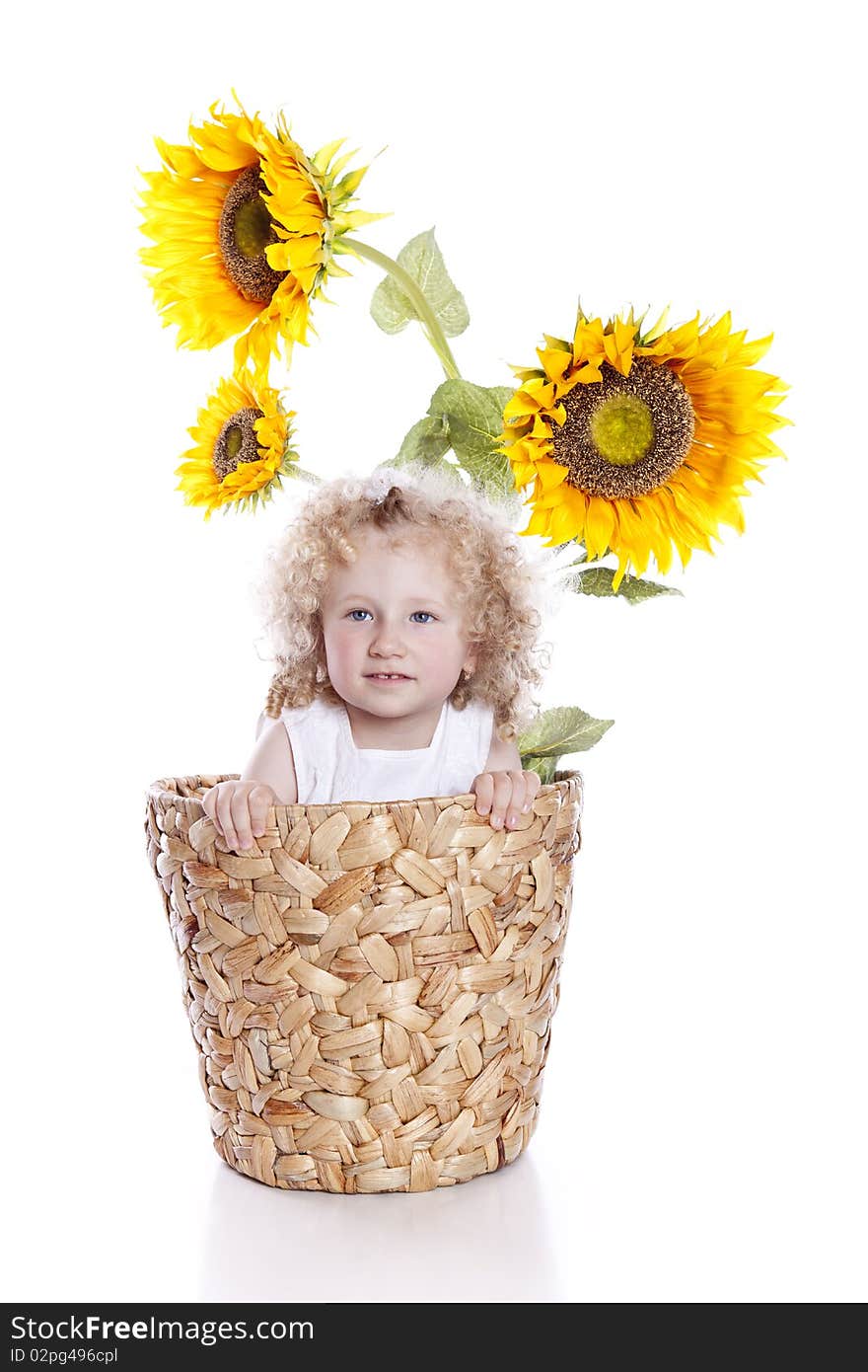 Baby girl in sunflowers pot