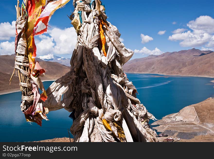 Blue lake with surrounding mountains in great tibet area. Blue lake with surrounding mountains in great tibet area