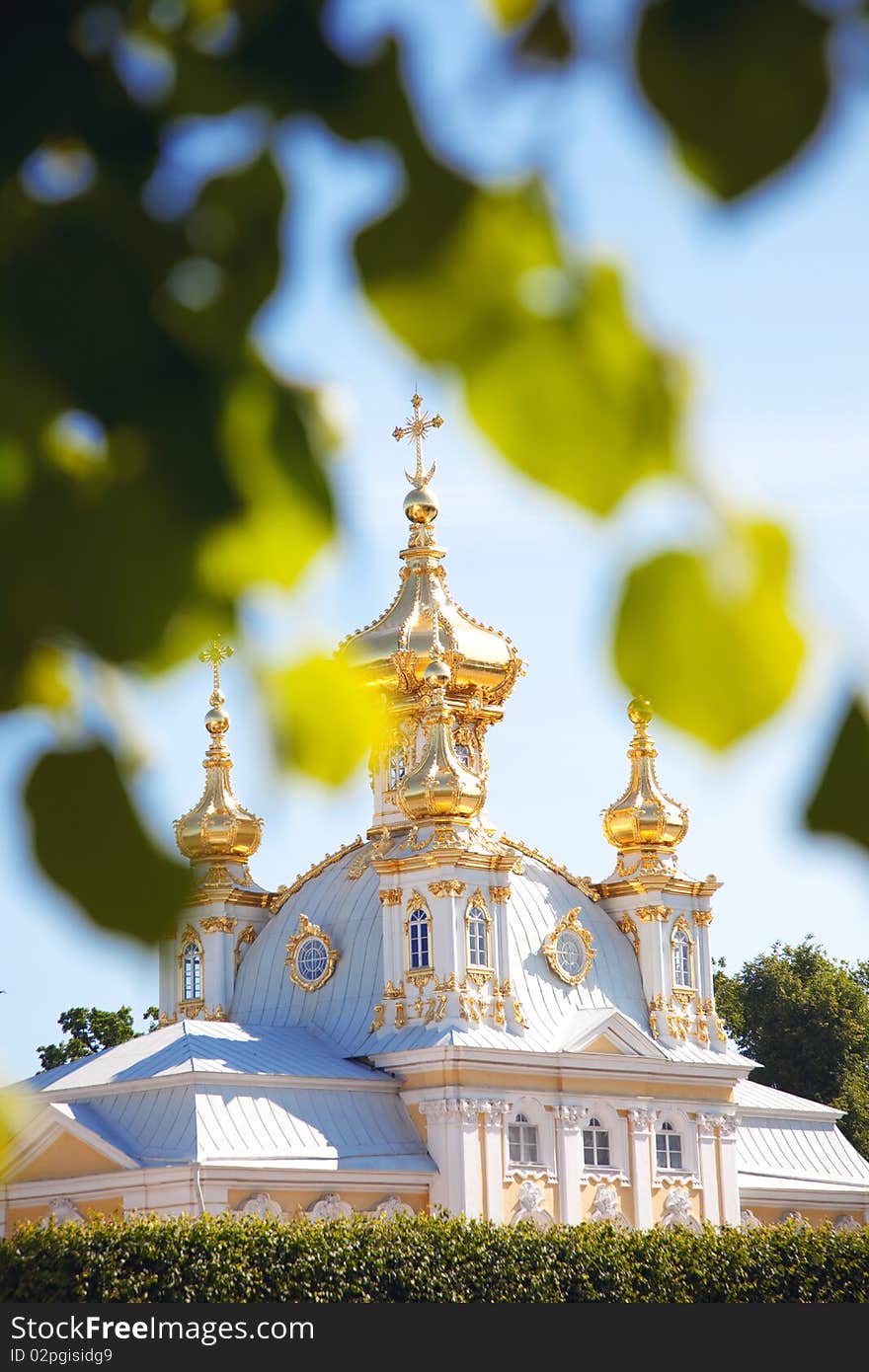 Wide angle view to The Big Palace, Peterhof at sunny cloudy day