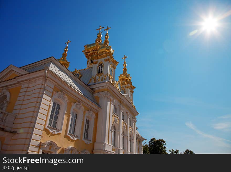 Wide angle view to The Big Palace, Peterhof at sunny cloudy day