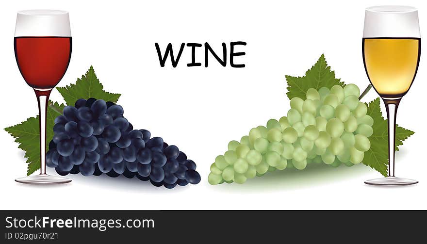 Photo-realistic  illustration. Two glasses of wine and grapes.