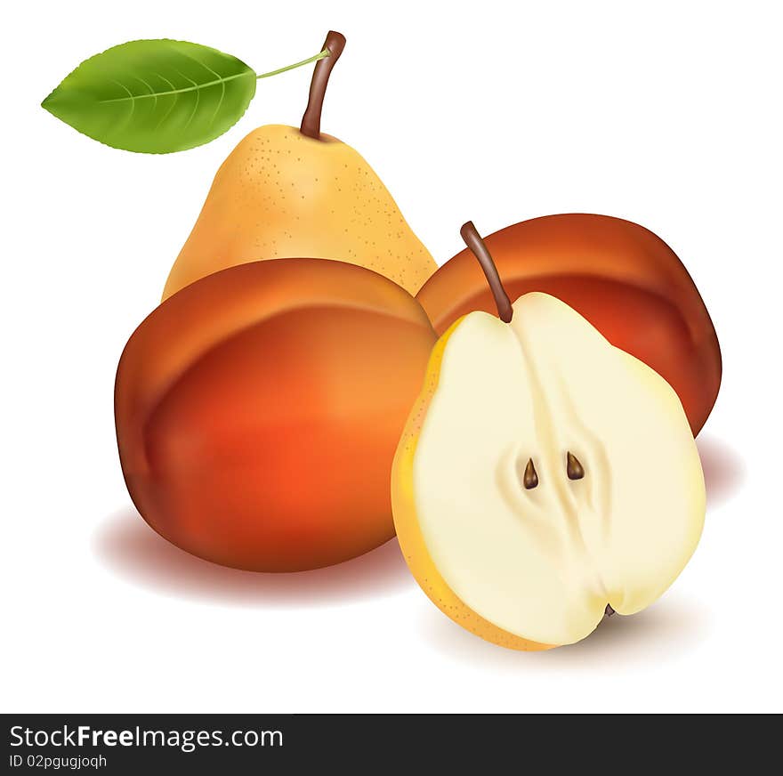 Peaches, A Pear And A Halved Pear.