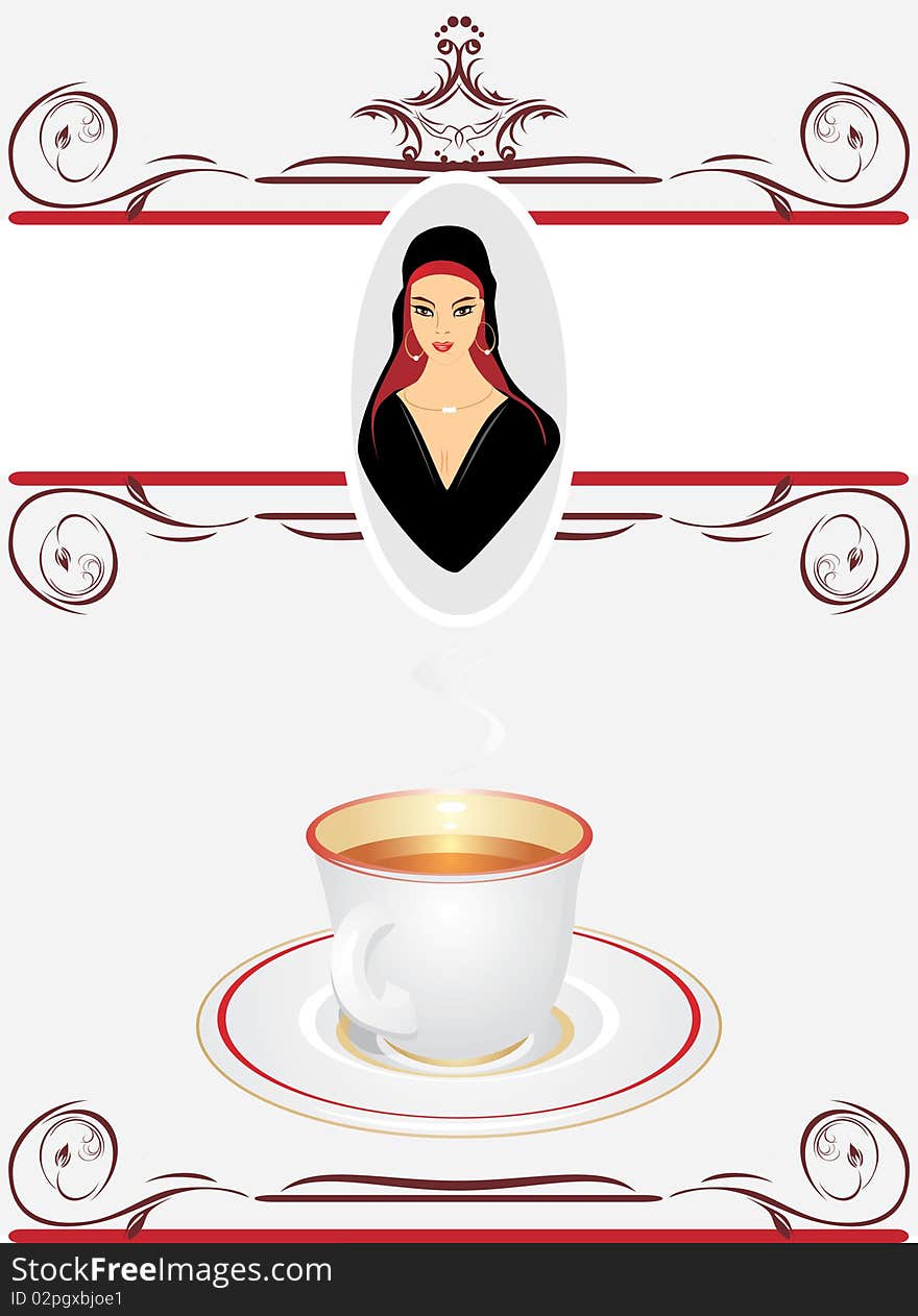 Cup with tea and portrait of east beautiful woman. Background for wrapping. Illustration