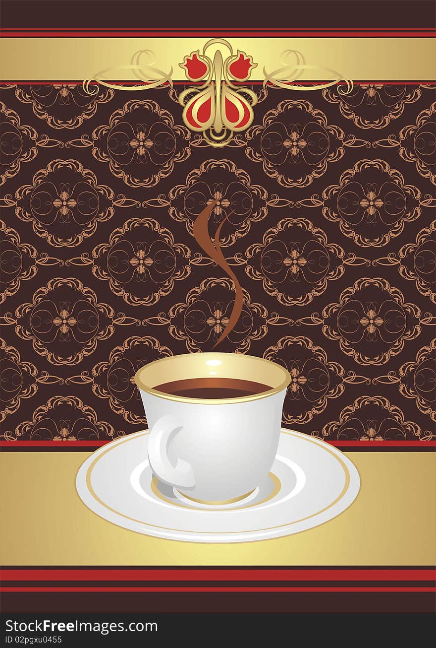 Cup with coffee on the decorative background