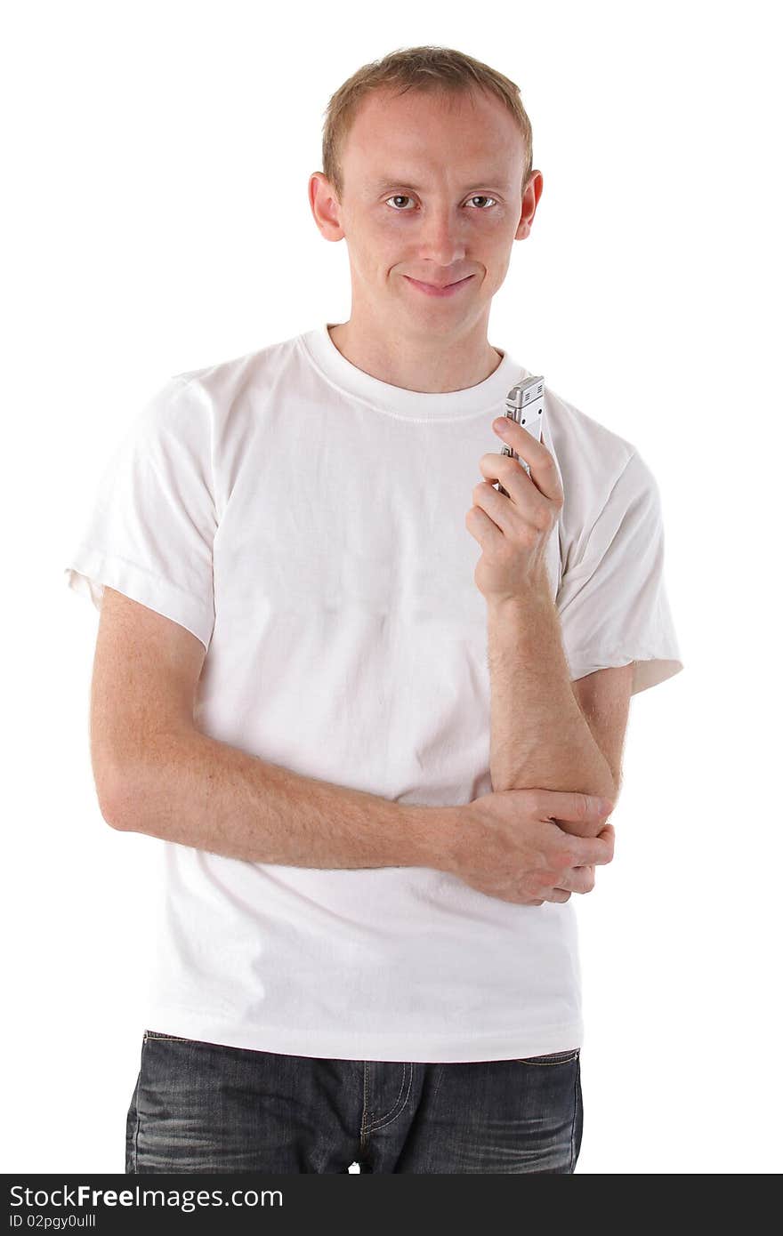 Smiling man with a dictaphone isolated on white. Series