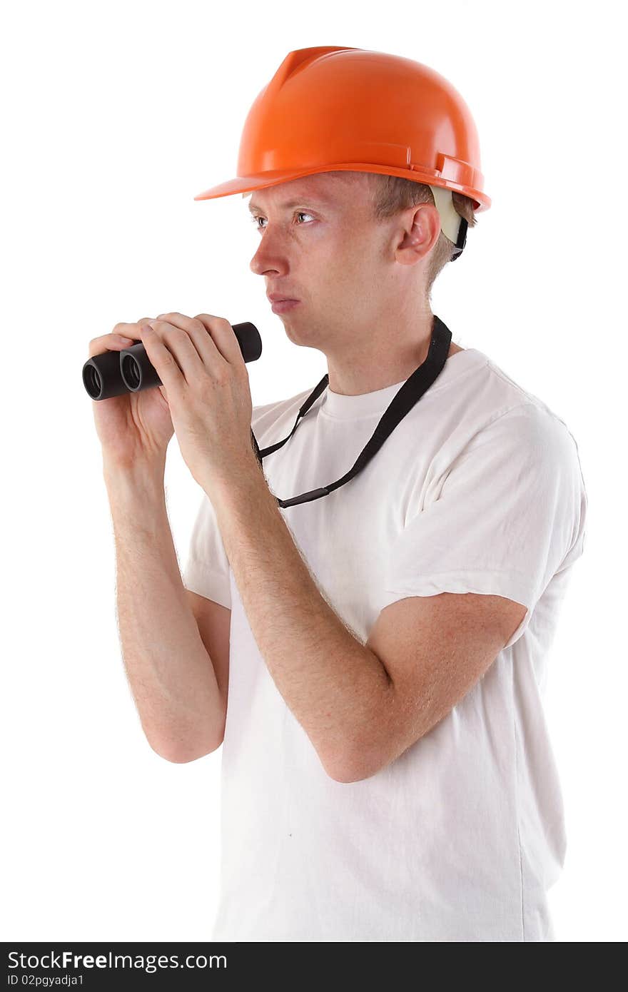 Worker with binoculars isolated on white