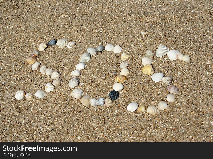 The distress signal combined from sea cockleshells on sandy coast. The distress signal combined from sea cockleshells on sandy coast