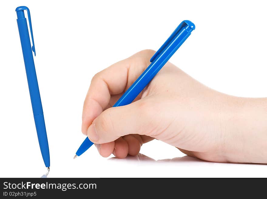 Horizontal image of hand holding plastic pen. Horizontal image of hand holding plastic pen