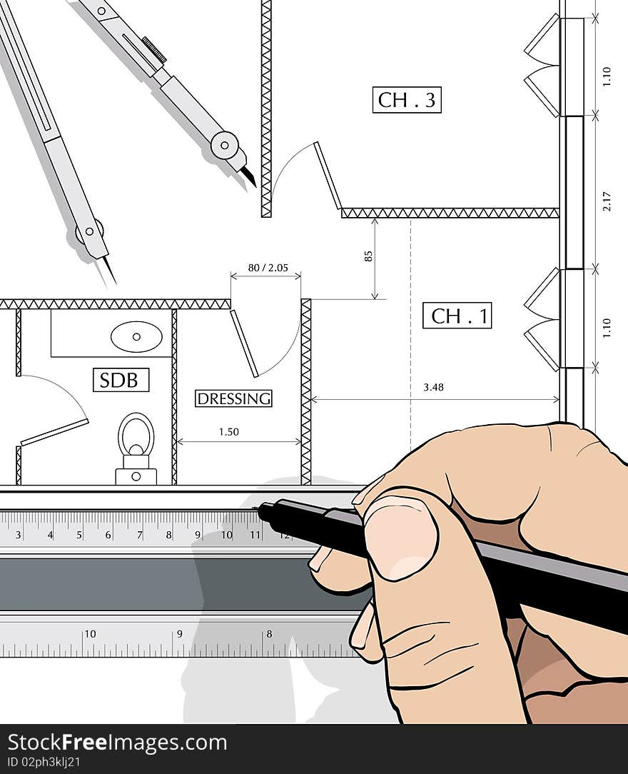 Drawing an house plan with a straight edge and dividers ()