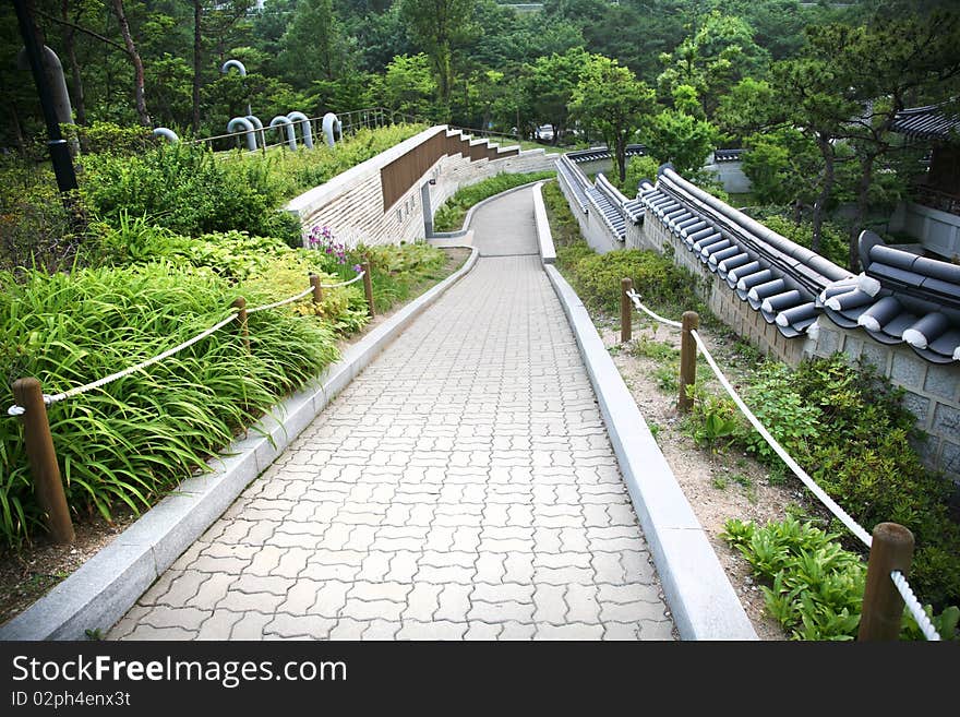 Walls,road ancient construction Seoul Namsangol Hanok Village Korea