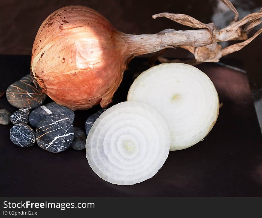 Fresh, raw, sliced onions on soil and rocks