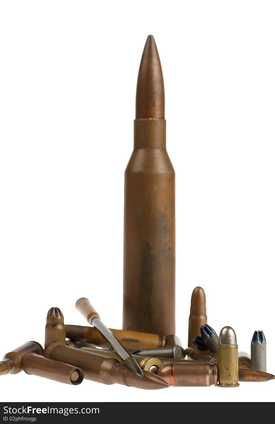 Different bullets end ammunition on a white background. Different bullets end ammunition on a white background.