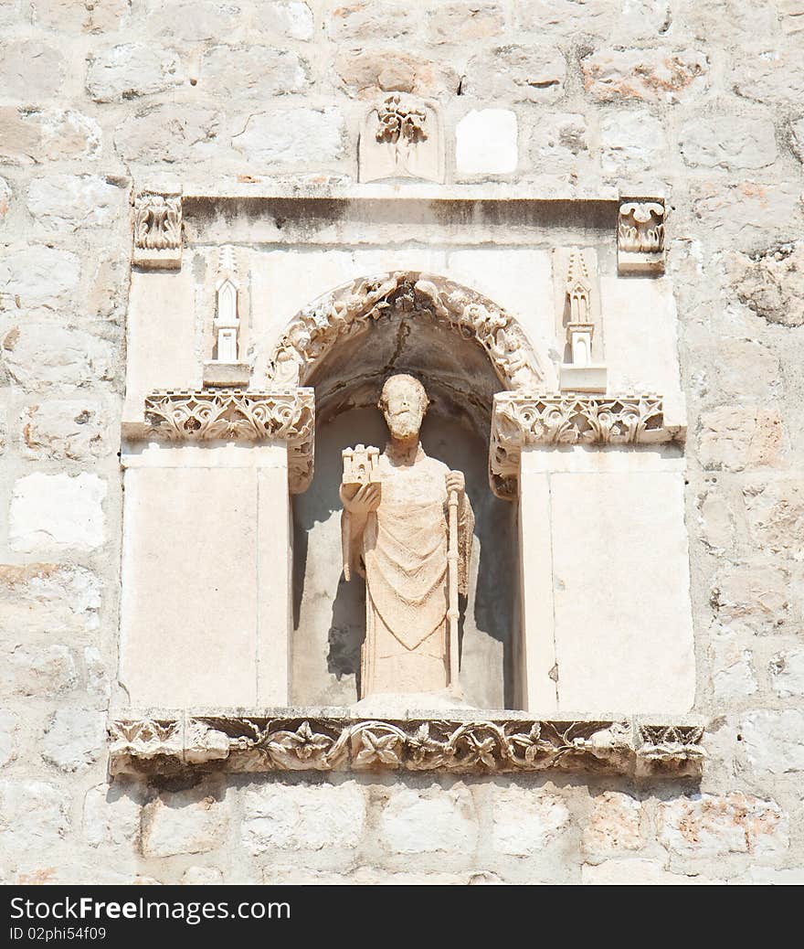 Statue of St Blasius (Sv. Vlaho) the protector of Dubrovnik placed over the eastern entrance to the old town. In year 972 St. Blasius has been chosen as the patron saint of Dubrovnik. Croatia