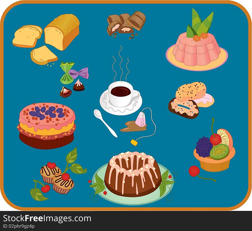 Icon set of cup of tea , candies and baked desserts