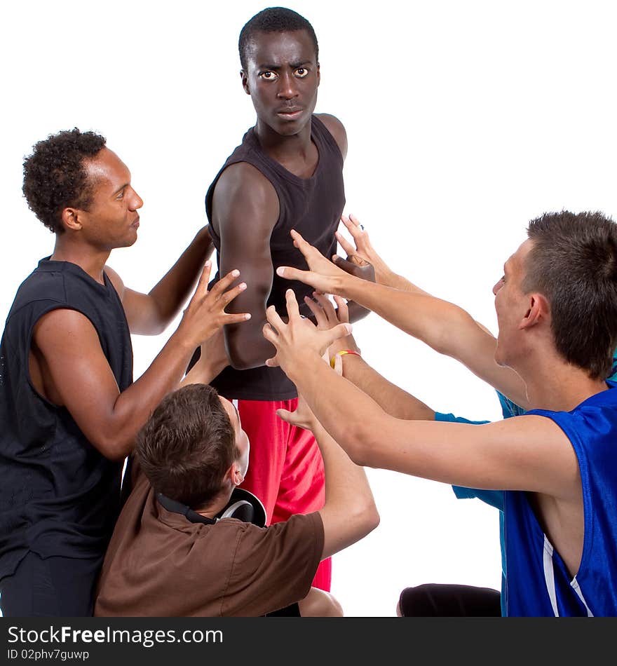 Young group of five teenagers isolated over white. Fresh young men with stylish athletivc outfit. Young group of five teenagers isolated over white. Fresh young men with stylish athletivc outfit.