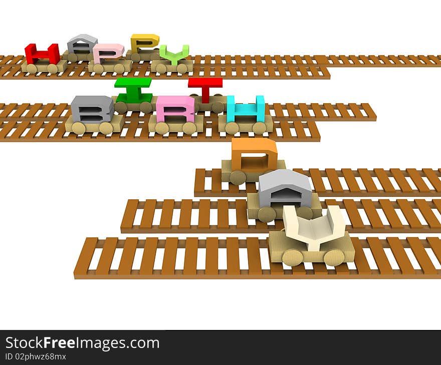 Happy birthday train on rails on a white background