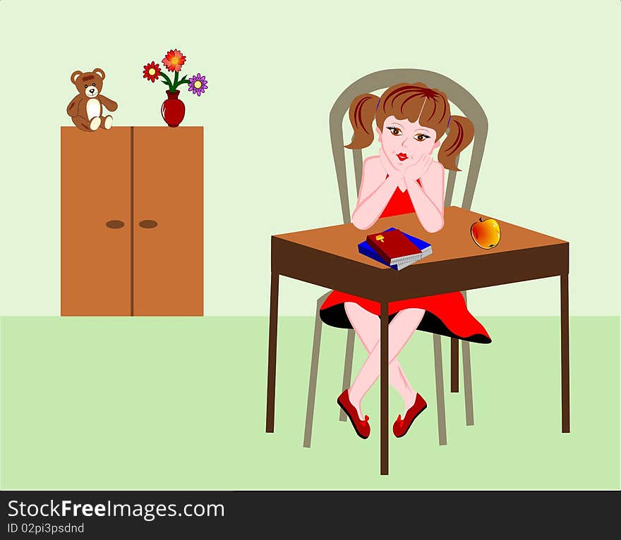 Girl with her head propped sitting at a table in a room. Girl with her head propped sitting at a table in a room