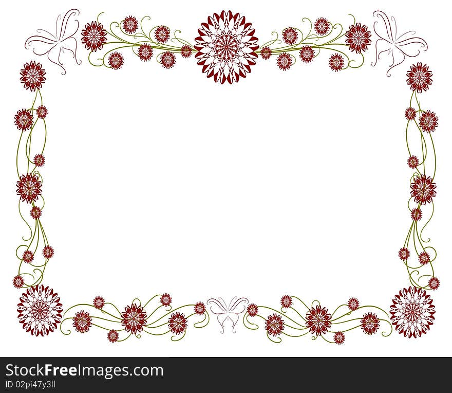 Image representing a rectangular frame decorated with curved lines and stylized flowers and in the upper corners of which there are two stylized butterflies. An illustration that can be used for many projects, such as greeting cards. Image representing a rectangular frame decorated with curved lines and stylized flowers and in the upper corners of which there are two stylized butterflies. An illustration that can be used for many projects, such as greeting cards.