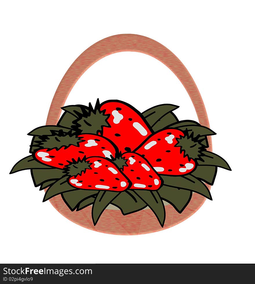 Illustration representing a strawberries basket with leaves. Illustration representing a strawberries basket with leaves