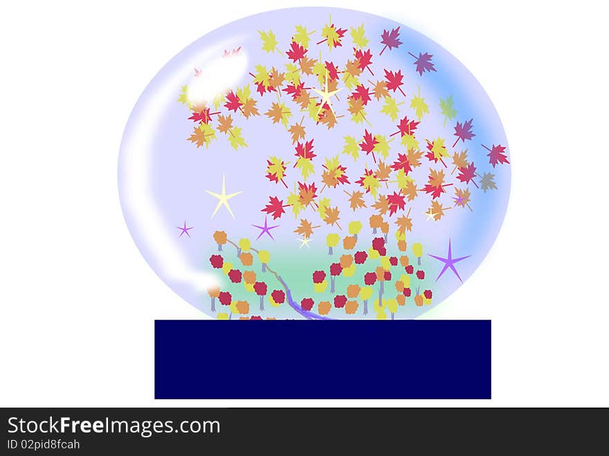 A water globe with autumn leaves floating around and a wooded landscape below. A water globe with autumn leaves floating around and a wooded landscape below.