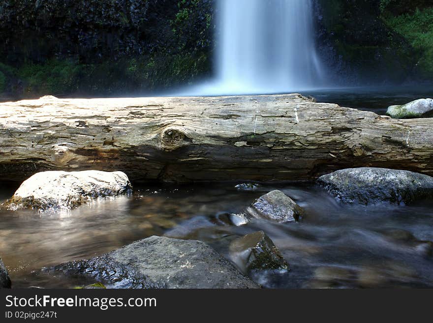 Log and Stream in foregrouns with Horsetail Falls near Portland, OR in back. Log and Stream in foregrouns with Horsetail Falls near Portland, OR in back.