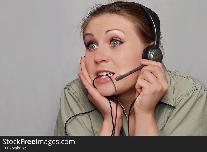 Young crazy woman with headset. Young crazy woman with headset