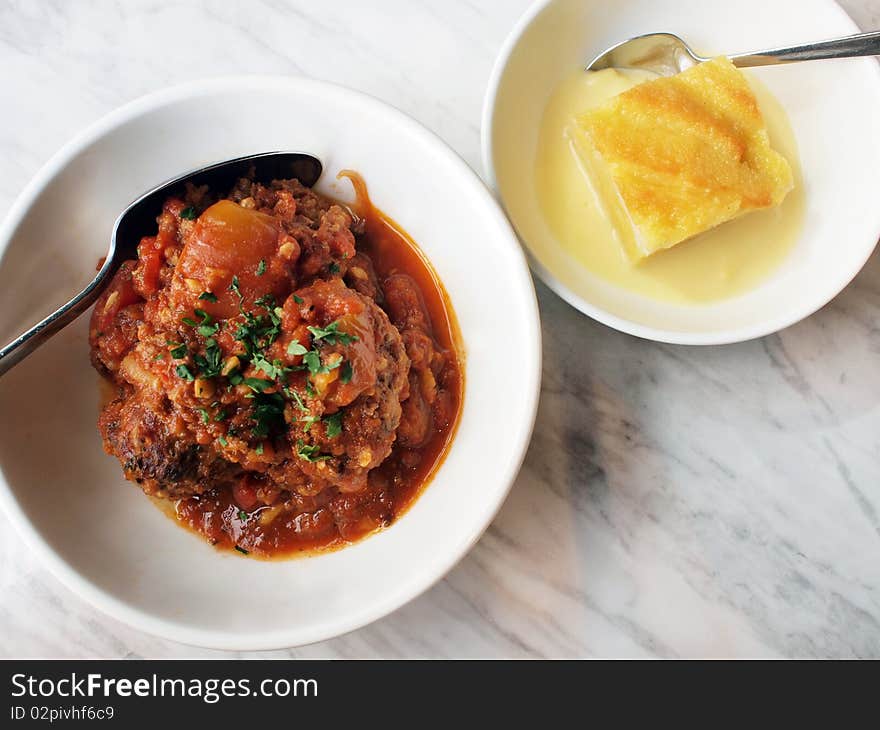 Meatballs as main course and bread pudding as dessert for a simple supper. Meatballs as main course and bread pudding as dessert for a simple supper