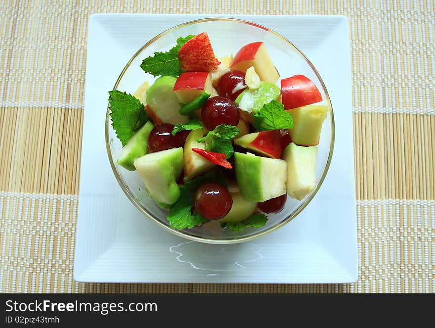 Fruit salad asia food Thai stye background white plate. Fruit salad asia food Thai stye background white plate