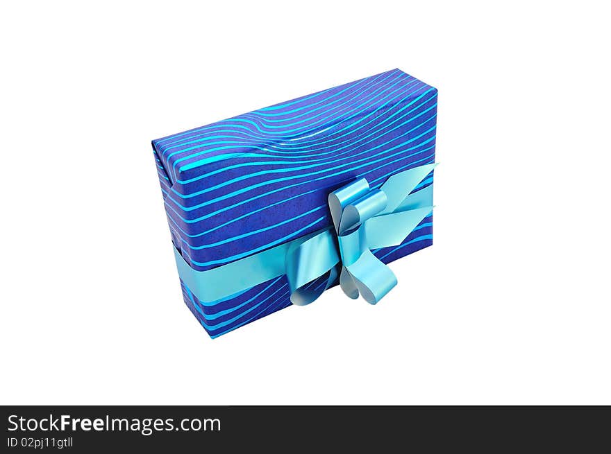 Isolated gift with blue bow on white