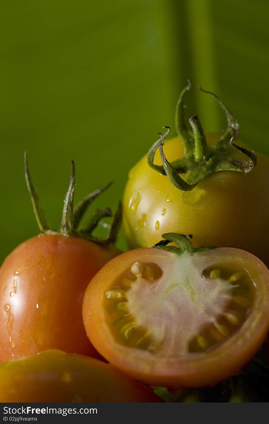 Tomato  cut on  banana leaf background