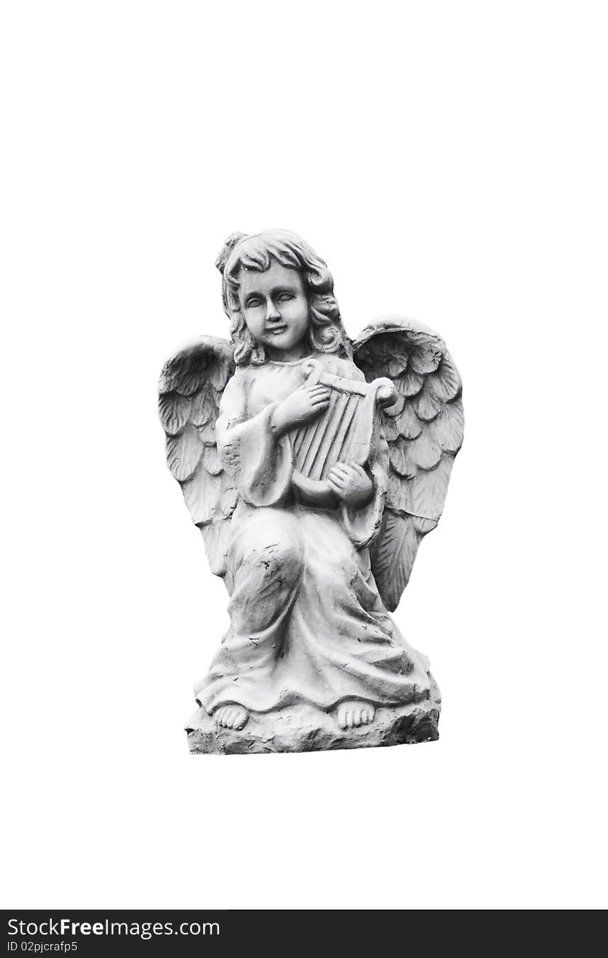 Small statue of an angel playing harp - with clipping path. Small statue of an angel playing harp - with clipping path