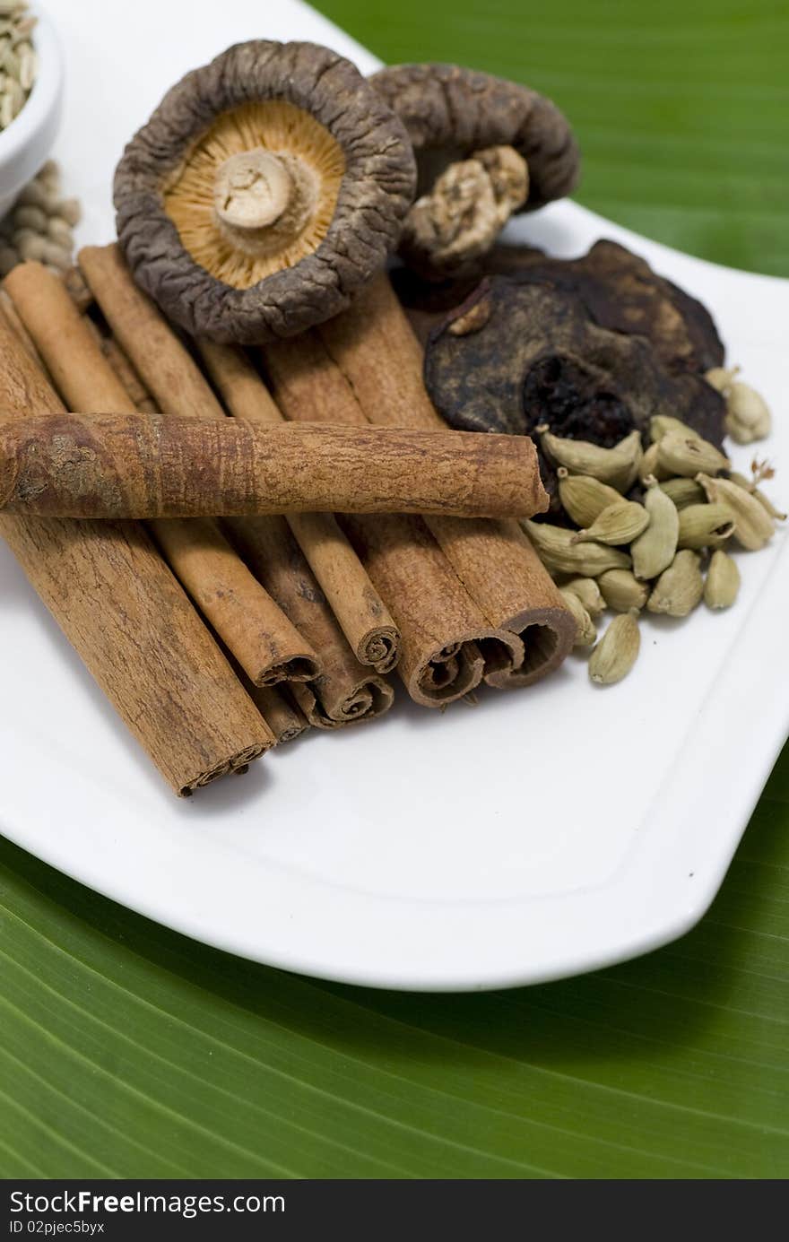 Various spices on banana leaves. Various spices on banana leaves