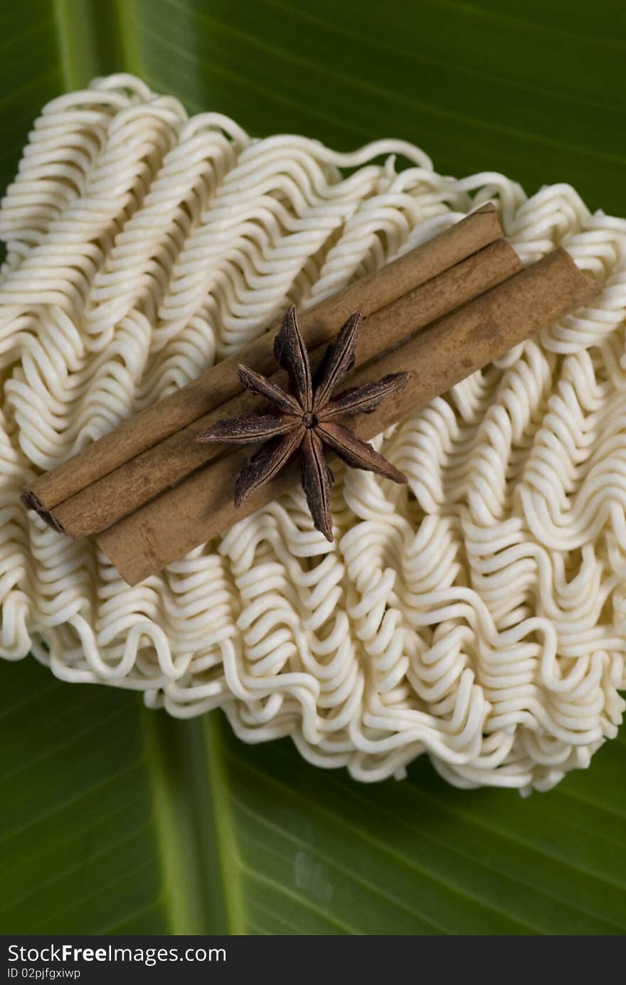 Dry instant noodles on banana leaves. Dry instant noodles on banana leaves