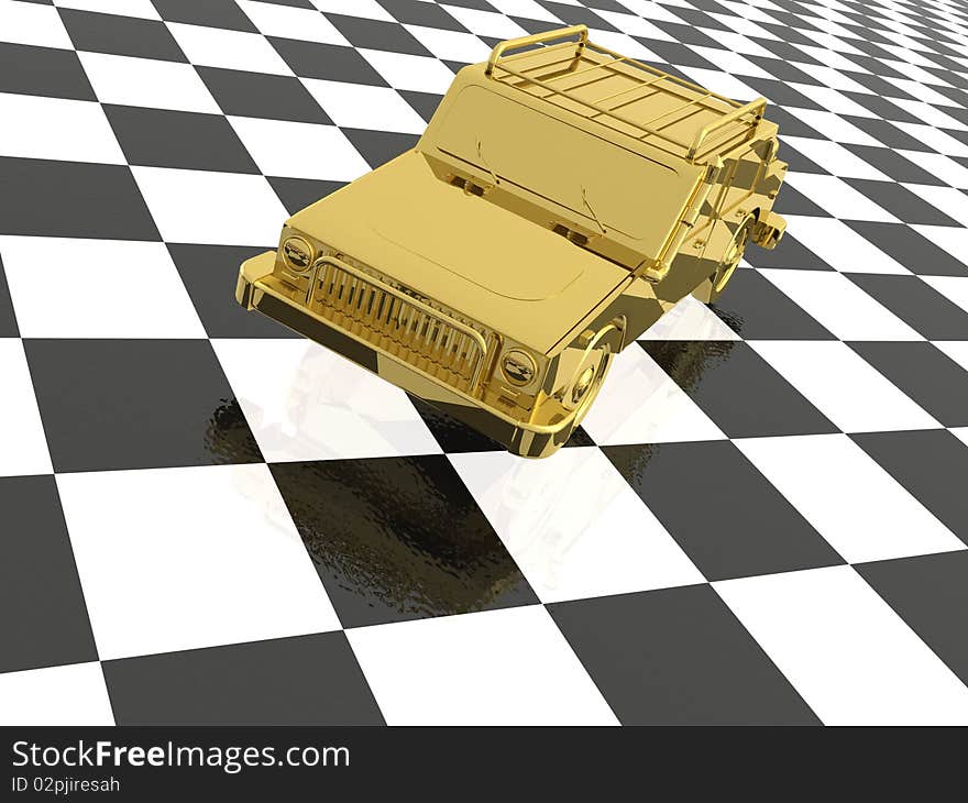 Gold car on checkered black and white reflective background.