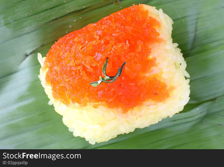 Shrimp and shred coconut on sticky rice. Thai style sweet desserts.